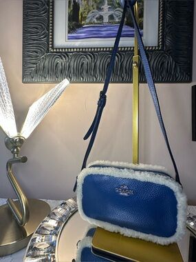 Coach Blue Pebbled Leather Crossbody with White Shearling Trim